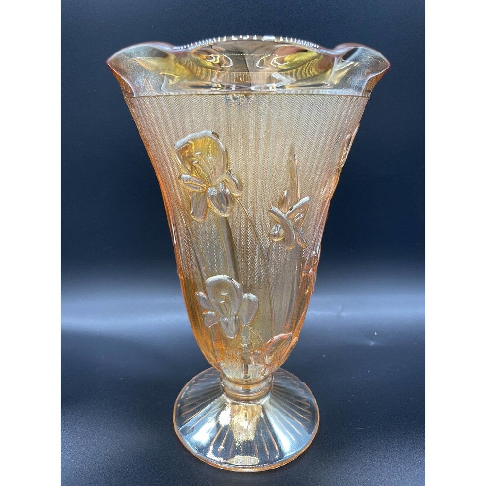 Vintage Jeanette Carnival/Depression Glass Vase Marigold Herringbone Iris
